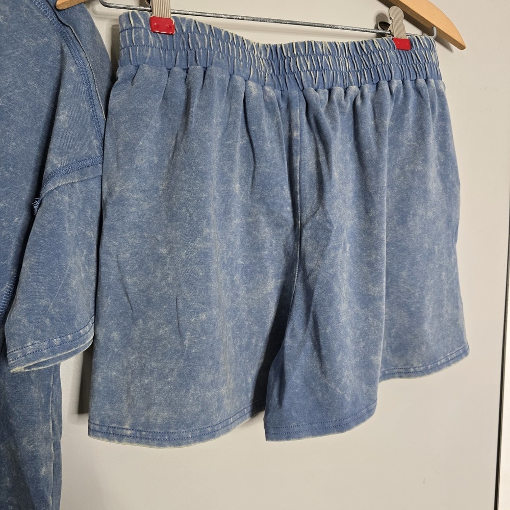 Zenana Oversized Top & Shorts Set Dusty Blue Acid Washed Cotton Women's Outfit S - Picture 9 of 15
